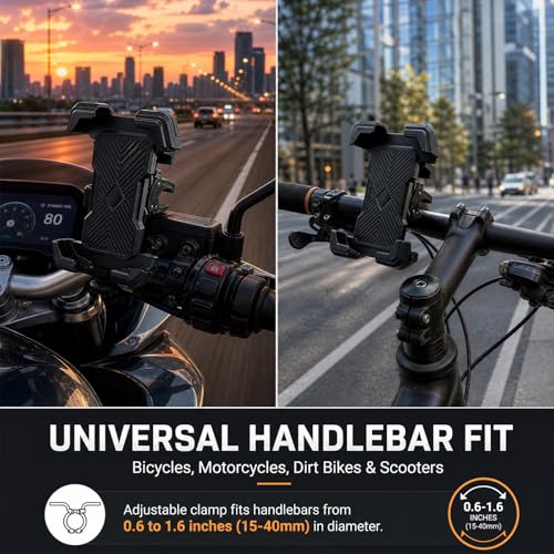 Bike Phone Mount, Motorcycle Phone Holder with Vibration Dampener & 1s Quick Lock, Anti-Shake Handlebar Mount for Bicycle Scooter, Fits 4.7"-7.2" Smartphones