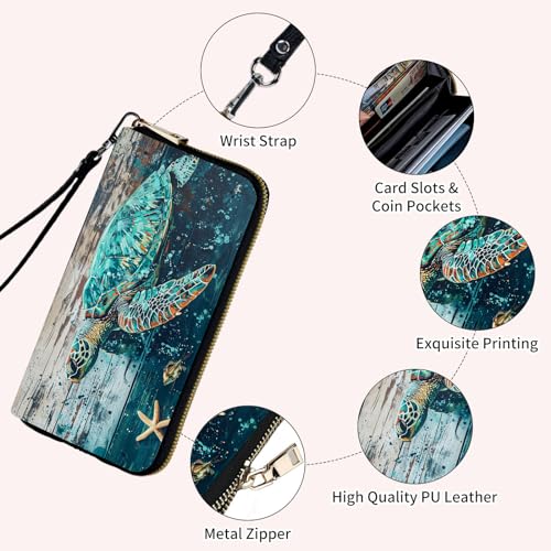 Ladies Wallet,Clutch Purses for Women Wallets Leather Credit Card Holder for Women Wristlet Slim Small Cute with Zipper,Thin RFID Blocking with Wrist Strap,Wood Sea Turtle - color: Wood Sea Turtle