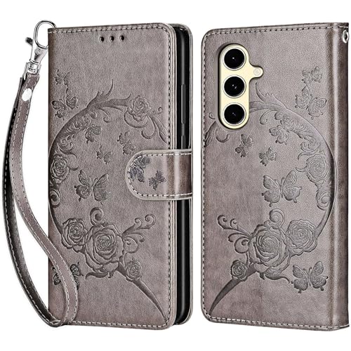 for Samsung Galaxy S24 FE Wallet case, Gray Flower | 3 Card Holders, Kickstand, Shockproof TPU Shell, PU Leather, Magnetic Closure, Protective Flip Folio Cover, Women - color: 9
