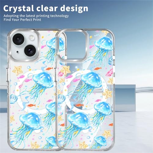 VisEnt Clear Case for iPhone 15, Magnetic Phone Case, Transparent Slim Cover, Military Grade Protection, Shockproof, Anti-Yellowing, Scratch Resistant, Blue Jellyfish Ocean - color: Blue Jellyfish Ocean, size: Iphone 15