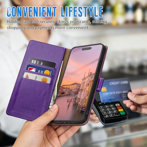 Wallet Case for iPhone 15 Pro 6.1", Purple | RFID-Blocking Card Holder, Kickstand, Magnetic Closure, PU Leather Folio Flip Cover, Protective Women Men Cases - color: Purple, size: iPhone 15 Pro