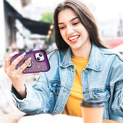 Hython Case for iPhone 13 Case Glitter, Cute Sparkly Shiny Bling Sparkle Cover, Heavy Duty 3 in 1 Hybrid Hard PC Soft TPU Bumper Full Body Shockproof Protective Phone Cases for Women Girls, Purple - color: Purple