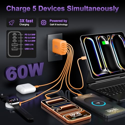 USB C Charger Block Fast Charging, 60W Phone Charger USBC Wall Plug Adapter - color: Orange-2Pack