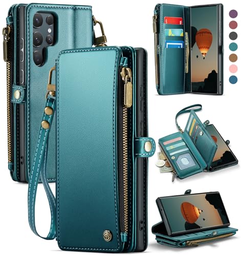 Defencase for Samsung Galaxy S22 Ultra Wallet Case with Card Holder, Green | Durable PU Leather, with RFID Blocking Zipper Pocket, Wrist Strap, S22 Ultra Flip Phone Cases Cover with Stand for Women Men - color: Elegant Blue Green