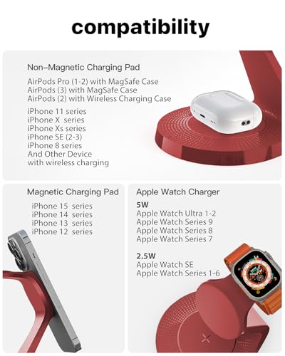 LONGCONN 3 in 1 Wireless Charging Station for Apple Devices with MagSafe - color: Red