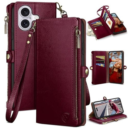 XcaseBar compatible with iPhone 16 Plus 6.7" Wallet case with Zipper Credit Card Holder【RFID Blocking】,Flip Folio Book PU Leather Phone case Shockproof Cover Women Men for Apple 16 Plus case Wine Red - color: Wine Red