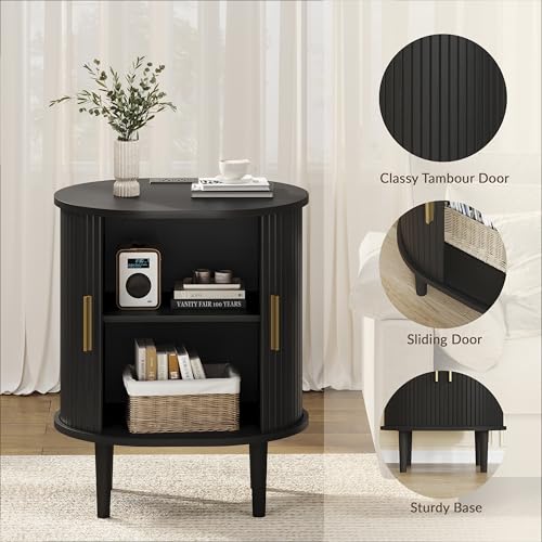 DHH Mid Century Modern Nightstand with Charging Station, Fluted Accent Side Table with Sliding Door & Adjustable Shelf, End Table for Small Space, Living Room, Bedroom,Sofa Couch (1, Black) - color: Black