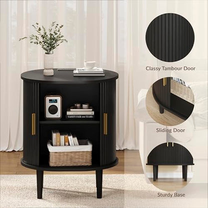 DHH Mid Century Modern Nightstand with Charging Station, Fluted Accent Side Table with Sliding Door & Adjustable Shelf, End Table for Small Space, Living Room, Bedroom,Sofa Couch (1, Black) - color: Black
