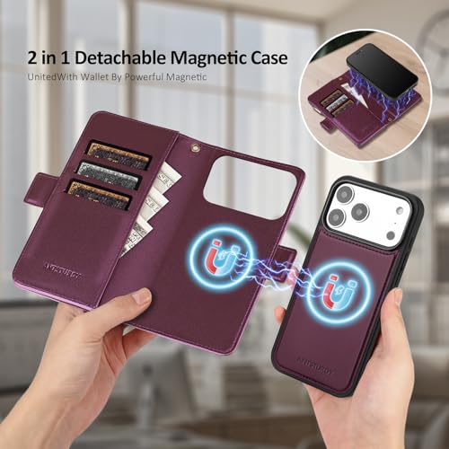 Antsturdy Compatible with MagSafe iPhone 17 Pro Wallet Case,Wine Red | Detachable Magnetic Credit Card Holder,RFID Blocking,PU Leather Zipper Purse,Wrist Strap Kickstand,Flip Phone Cover for Women - color: (Detachable with Magsafe)-Wine Red