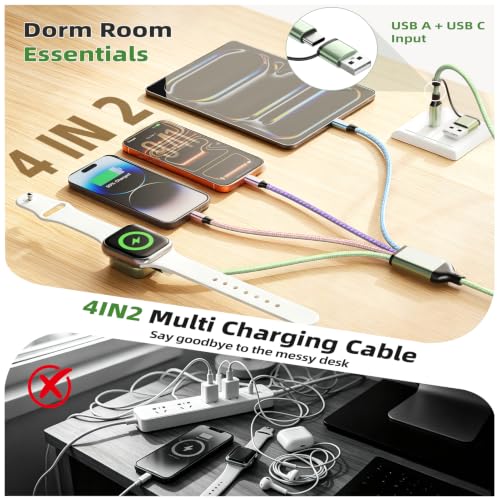 Camping Essentials 4in2 Multi Charging Cable for Apple Watch Charger 5FT2PK - color: Light Green&Pink&Purple&Blue, size: AC to 2C+L+iWatch