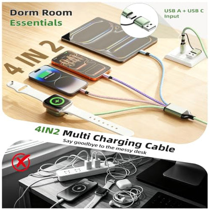 Camping Essentials 4in2 Multi Charging Cable for Apple Watch Charger 5FT2PK - color: Light Green&Pink&Purple&Blue, size: AC to 2C+L+iWatch