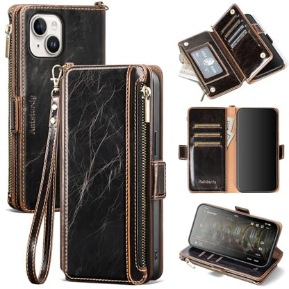 Antsturdy for iPhone 14 Plus Phone Wallet Case Women,(Coffee) | RFID Blocking,with Credit Card Holder Slots,PU Leather Purse,Zipper Pocket,Wrist Strap Kickstand,Flip Folio Cover for Men - color: B-Coffee