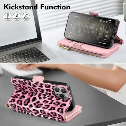 Antsturdy Crossbody Phone Wallet Case for iPhone 15 Pro,Leopard - Pink | RFID Blocking,PU Leather Flip Cover,Kickstand,with Credit Card Holder,Wrist Strap Lanyard & Handbag Purse,for Women & Men - color: (Crossbody) - Leopard-Pink