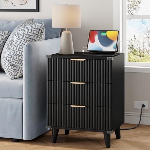 Wood Nightstands Set of 2 w/Charging Station, 3 Drawers Fluted Dresser - color: Black, size: 3 Drawers-Set of 2 Nightstand