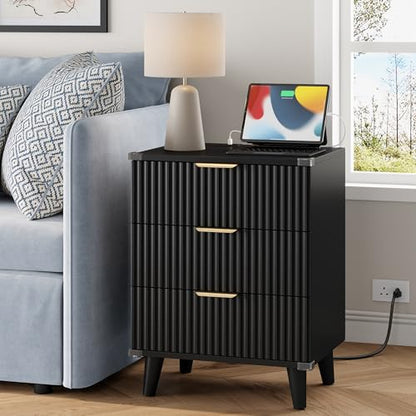 Wood Nightstands Set of 2 w/Charging Station, 3 Drawers Fluted Dresser - color: Black, size: 3 Drawers-Set of 2 Nightstand