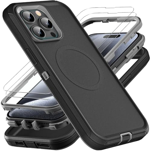 YKHJKLEC for iPhone 15 Pro Case, Compatible with Magsafe, Military Grade 3 in 1 Heavy Duty Shockproof/Drop Proof/Dust Proof Case with 2Pcs Tempered Glass Screen Protector (New-Black/Grey) - color: New-Black/Grey