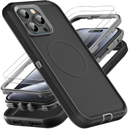 YKHJKLEC for iPhone 15 Pro Case, Compatible with Magsafe, Military Grade 3 in 1 Heavy Duty Shockproof/Drop Proof/Dust Proof Case with 2Pcs Tempered Glass Screen Protector (New-Black/Grey) - color: New-Black/Grey