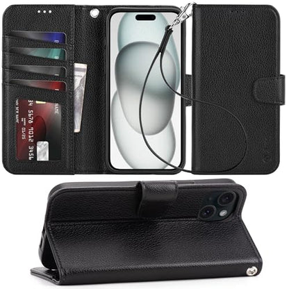 Arae Compatible with iPhone 15 Plus Case with Card Holder and Wrist Strap Wallet Flip Cover for iPhone 15 Plus 6.7 inch Men RFID Blocking Wristlet Kickstand,Litchi Black - color: Litchi Black, size: iPhone 15 Plus 6.7 inch