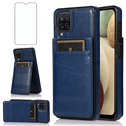 Phone Case for Samsung Galaxy A42 5G with Tempered Glass Screen Protector Credit Card Holder Wallet Cover Stand Leather Cell Accessories Glaxay A 42 G5 Gaxaly 42A S42 4G 2021 Cases Women Men Blue - color: Blue