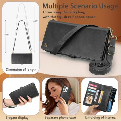 for Wallet Case Compatible with iPhone 15 Pro Max,Multi-Function Detachable 2 in 1 Magnetic iPhone 15ProMax Case Wallet,Flip Strap Zipper Card Holder Phone Case with Shoulder Strap(Darkgray) - color: DarkGray, size: iPhone 15 pro max