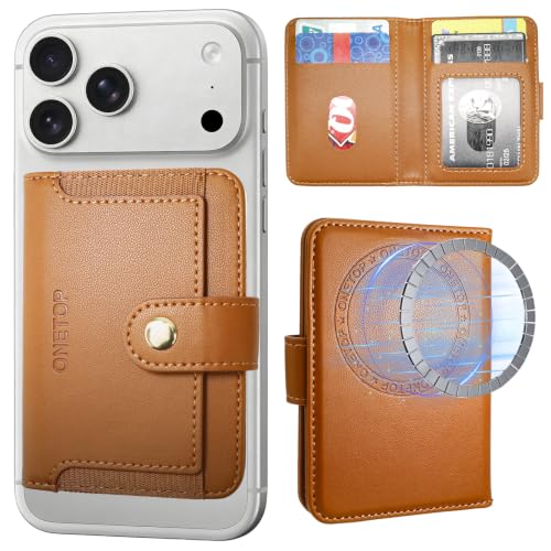 ONETOP for MagSafe Wallet,Magnetic Phone Wallet with 5 Card Slots,Brown | 1-12 Cards/Cash Holder for iPhone 17/16/15/14/13/12 Series,Detachable Wallet Stick-On Back,PU Leather RFID Blocking Kickstand - color: Brown
