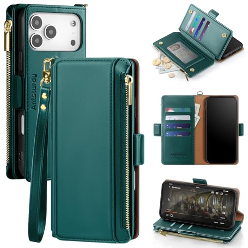 Antsturdy for iPhone 17 Pro Max Phone Wallet Case Women,Indigo Blue | RFID Blocking,with Credit Card Holder Slots,PU Leather Purse,Zipper Pocket,Wrist Strap Kickstand,Flip Folio Cover for Men - color: Indigo Blue