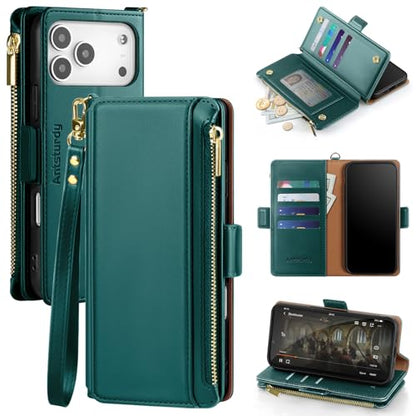Antsturdy for iPhone 17 Pro Max Phone Wallet Case Women,Indigo Blue | RFID Blocking,with Credit Card Holder Slots,PU Leather Purse,Zipper Pocket,Wrist Strap Kickstand,Flip Folio Cover for Men - color: Indigo Blue