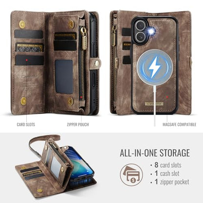 Compatible with iPhone 17 Wallet Case with Magsafe with Zipper & Card Holder Strap Wristlet Detachable Magnetic Protective Back Case for iPhone 17 5G 6.3 Inch (Brown) - color: (Detachable and Magsafe)-Brown, size: iPhone 17 6.3 Inch