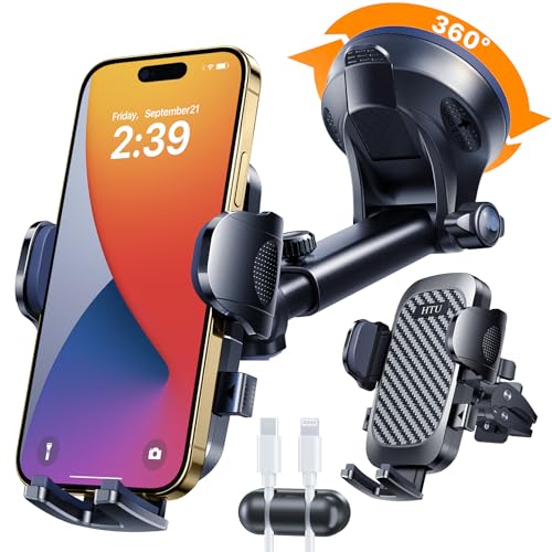 2026 Ultimate Best【True Military-Grade & Safety Cert】Car Phone Holder HTU【Upgraded 360° Rotation & 100LBS Strongest Suction】5-in-1 Truck Windshield Dashboard Vent Mount Stand for iPhone Android, Black - color: Black