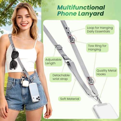 takyu Multifunctional Phone Lanyard, 3 in 1 Cell Phone Detachable Adjustable Crossbody Strap & Neck Lanyard & Wrist Lanyard with 2x Tether Tab for Most Smartphones, Outdoor Travel Essential Grey - color: Greyx1