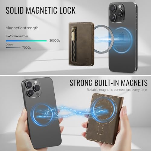 Strapurs Magnetic Card Holder Compatible with MagSafe Phones and Cases, PU Leather Phone Wallet for iPhone 17/16/15/14/13/12/Pro/Max/Plus/Air, 4 Card Slots RFID Blocking with Zipper Pocket - Brown - color: Brown