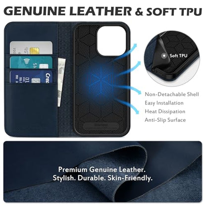SHIELDON Genuine Leather Case Wallet for iPhone 13 Pro 6.1" 2021, Navy Blue | Magnetic Closure, RFID Blocking, Credit Card Slot, Kickstand, Flip Book Design, Shockproof Phone Cover - color: Navy Blue