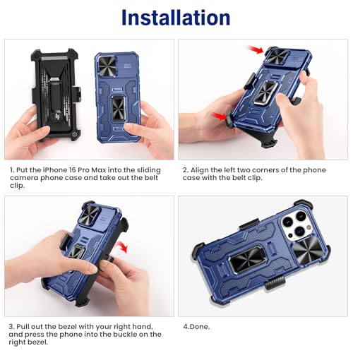 VEGO for iPhone 16 Pro Max Case with Belt Clip Holster and Kickstand Blue | Slide Camera Lens Protector & Ring Kickstand Military Grade Heavy Duty Protection Cover for iPhone 16 ProMax - Blue - color: Blue
