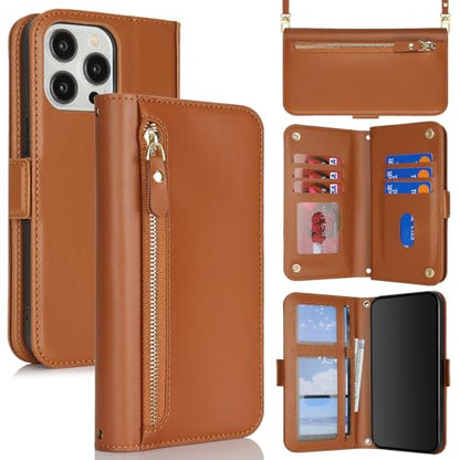 for iPhone 15 Pro Wallet Case for Women,for iPhone 15 Pro Case with Strap Crossbody Lanyard,PU Leather Shockproof Card Holder Stand Zipper Pocket Flip Phone Case-Brown - color: Brown