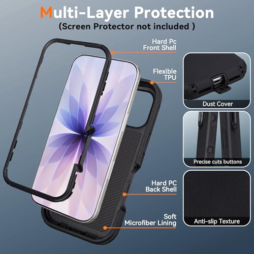 for iPhone 17 Case with Belt Clip Holster & Kickstand, Black | Military Grade Drop Protective, 4 in 1 Heavy Duty Shock-Absorbing Rugged Case for iPhone 17 6.3" - color: Black