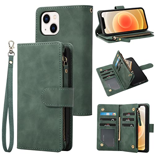 RANYOK Wallet Case Compatible with iPhone 13/14 (6.1 inch), Premium PU Leather Zipper Folio Wallet RFID Blocking with Wrist Strap Magnetic Closure Built-in Kickstand Protective Case (Black Green) - color: Black Green
