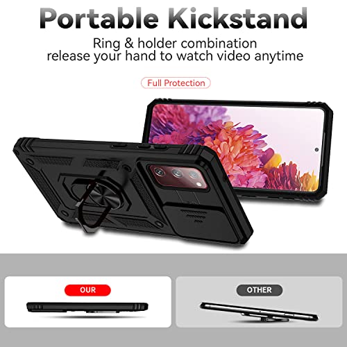 for Samsung Galaxy S20 FE 5G Case with Camera Lens Cover HD Screen Protector, Military-Grade Drop Tested Magnetic Ring Holder Kickstand Protective Phone Case for Samsung Galaxy S20 FE 5G (Black) - color: Black with camera cover Military-Grade 2nd gen