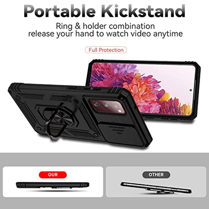 for Samsung Galaxy S20 FE 5G Case with Camera Lens Cover HD Screen Protector, Military-Grade Drop Tested Magnetic Ring Holder Kickstand Protective Phone Case for Samsung Galaxy S20 FE 5G (Black) - color: Black with camera cover Military-Grade 2nd gen