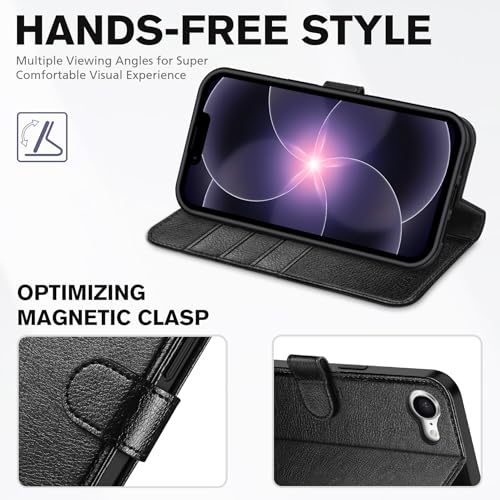 TUCCH Case Wallet for iPhone 17e/16e (6.1"), Flip Stand, Textured Black | 4 Card Holders, Kickstand, PU Leather, Magnetic Closure, Shockproof TPU Shell, Protective Flip Cover - color: Black - Textured