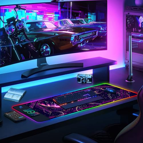 AIMSA Wireless Charging,15W Wireless Fast Charging with Mouse Pad, Large Keyboard RGB Mouse Pad with 14 LED Light Modes, Non-Slip Desk Pad, Purple Planet - color: Purple Planet