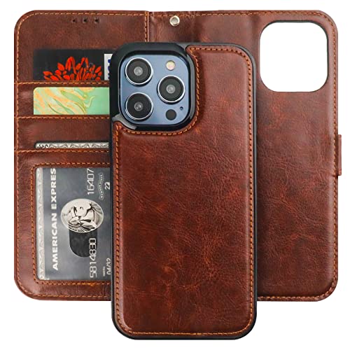 Bocasal Detachable Wallet Case Card Holder for iPhone 14 Pro Max Brown | RFID Blocking Kickstand Card Slots Holder PU Leather Magnetic Shockproof Wrist Strap Removable Flip Protective Cover 6.7 inch - color: Brown