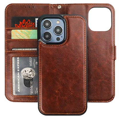 Bocasal Detachable Wallet Case Card Holder for iPhone 14 Pro Max Brown | RFID Blocking Kickstand Card Slots Holder PU Leather Magnetic Shockproof Wrist Strap Removable Flip Protective Cover 6.7 inch - color: Brown