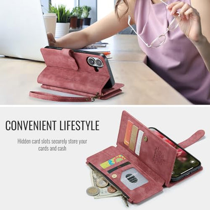 Compatible with iPhone 17 Wallet Case with Card Holder Kickstand Magnetic Zipper Pocket Lanyard Strap Wristlet,Leather Flip Case Wallet for iPhone 17 6.3 Inch (Red) - color: Red, size: iPhone 17 6.3 Inch