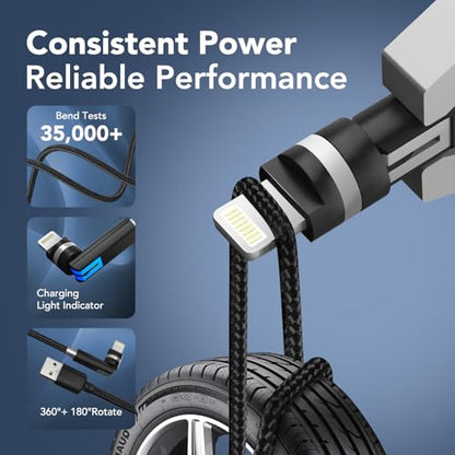 90 Degree Lightning Cable with 360 Rotating Head - 6.6FT MFi Right Angle Nylon Braided iPhone Charger Cord with 2.4A Fast Charge, Data Sync, CarPlay for iPhone14/13/12/11/X/8