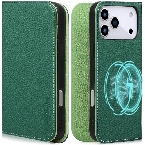 VISOUL Pebbled Leather Wallet Case for iPhone 17 Pro Max 6.9" 2025, Genuine Leather Flip Folio Cover with RFID Blocking Card Holders, Kickstand, Soft TPU Protective Flip Cover -Dark Green+Green - color: Dark Green+Green
