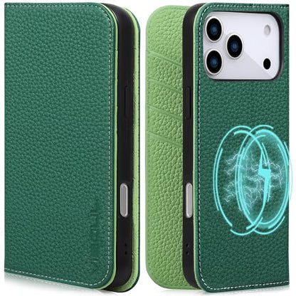 VISOUL Pebbled Leather Wallet Case for iPhone 17 Pro Max 6.9" 2025, Genuine Leather Flip Folio Cover with RFID Blocking Card Holders, Kickstand, Soft TPU Protective Flip Cover -Dark Green+Green - color: Dark Green+Green