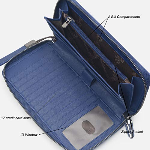Bveyzi Women RFID Blocking Wallet Leather Zip Around Phone Clutch Large Capacity Ladies Travel Purse Wristlet - color: Navy Blue