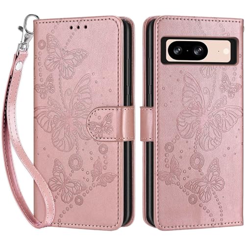 Wallet Case for Google Pixel 8, Rose Gold Butterfly | Women Flip Folio Cover, Embossed PU Leather, Stand, Credit Card Holders Slots, Wrist Strap - color: 7
