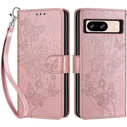 Wallet Case for Google Pixel 8, Rose Gold Butterfly | Women Flip Folio Cover, Embossed PU Leather, Stand, Credit Card Holders Slots, Wrist Strap - color: 7