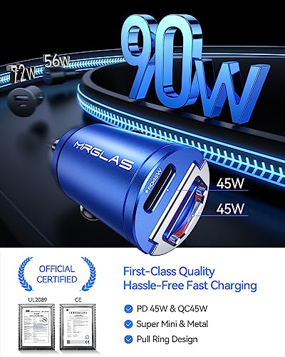 MRGLAS 90W USB C Car Charger Fast Charge, Flush Fit,Extra 3.3ft USB C Cable - color: Blue